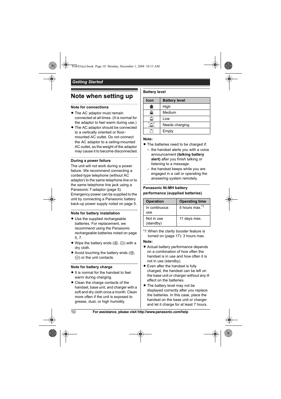 Note when setting up | Panasonic KXTG6431 User Manual | Page 10 / 64