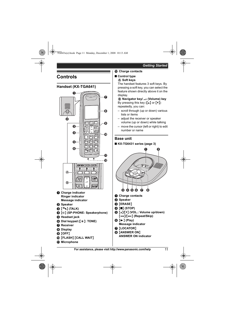 Controls | Panasonic KXTG6431 User Manual | Page 11 / 64