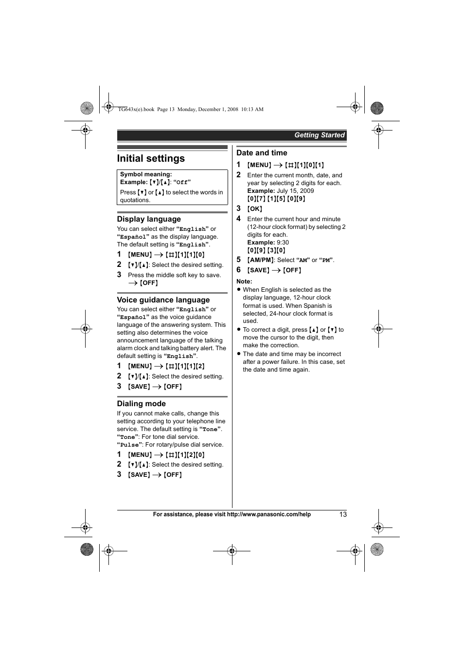 Initial settings | Panasonic KXTG6431 User Manual | Page 13 / 64