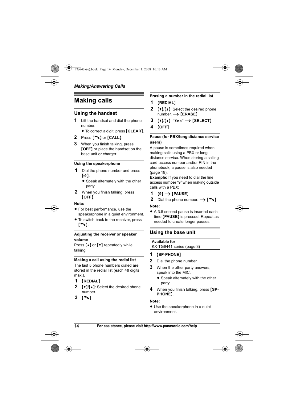 Making/answering calls, Making calls | Panasonic KXTG6431 User Manual | Page 14 / 64