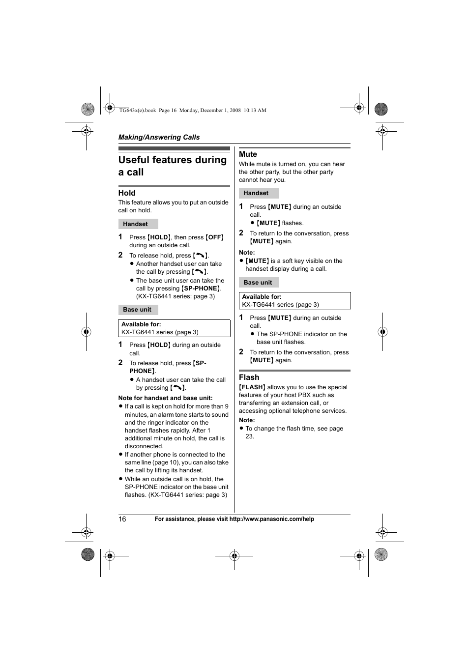 Useful features during a call | Panasonic KXTG6431 User Manual | Page 16 / 64