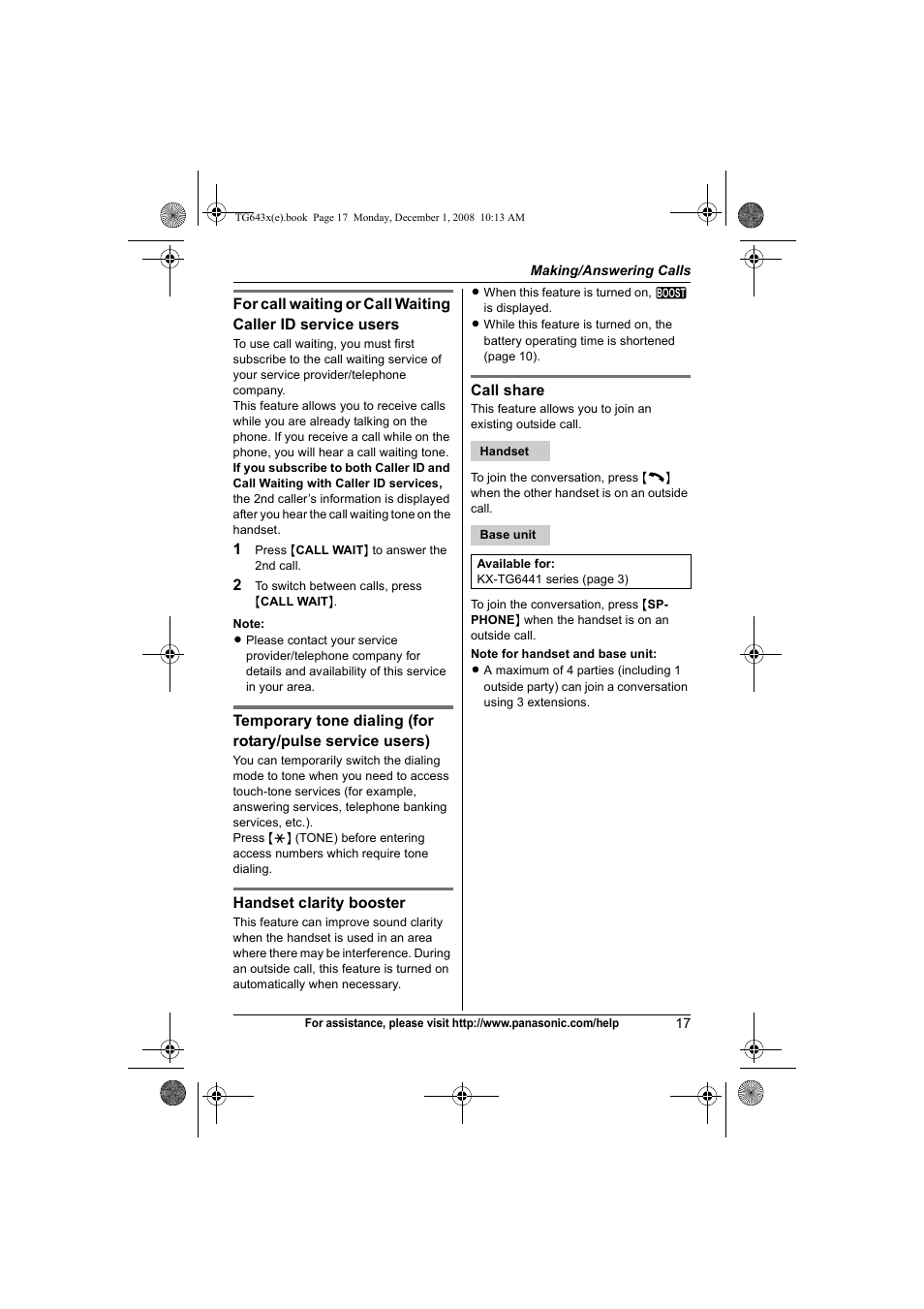 Panasonic KXTG6431 User Manual | Page 17 / 64