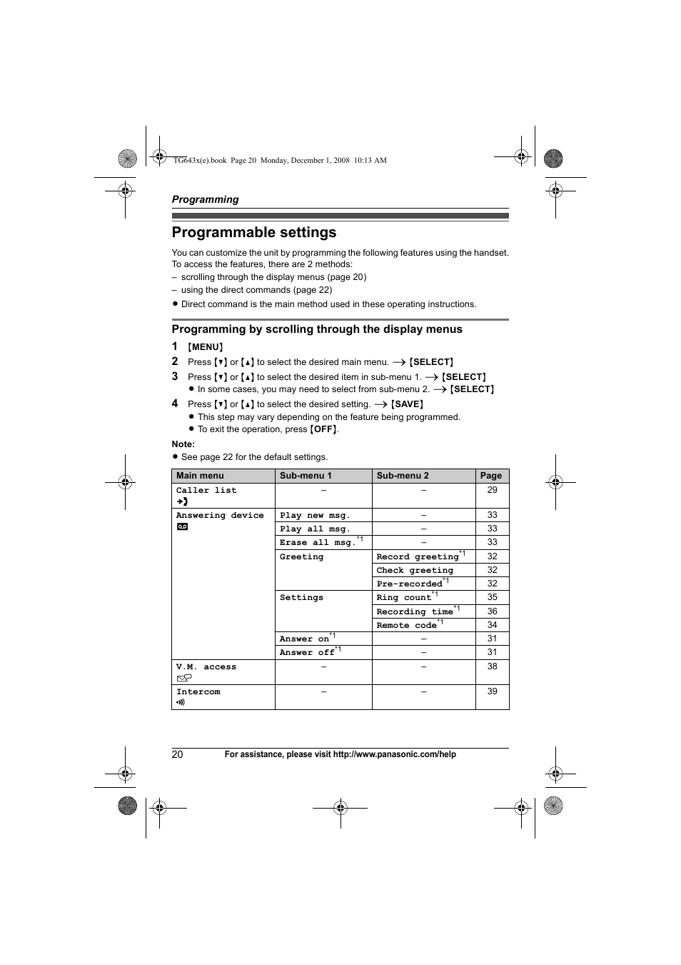 Programming, Programmable settings | Panasonic KXTG6431 User Manual | Page 20 / 64