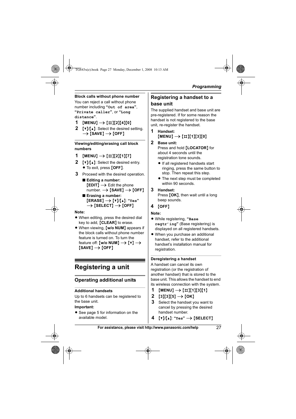 Registering a unit | Panasonic KXTG6431 User Manual | Page 27 / 64