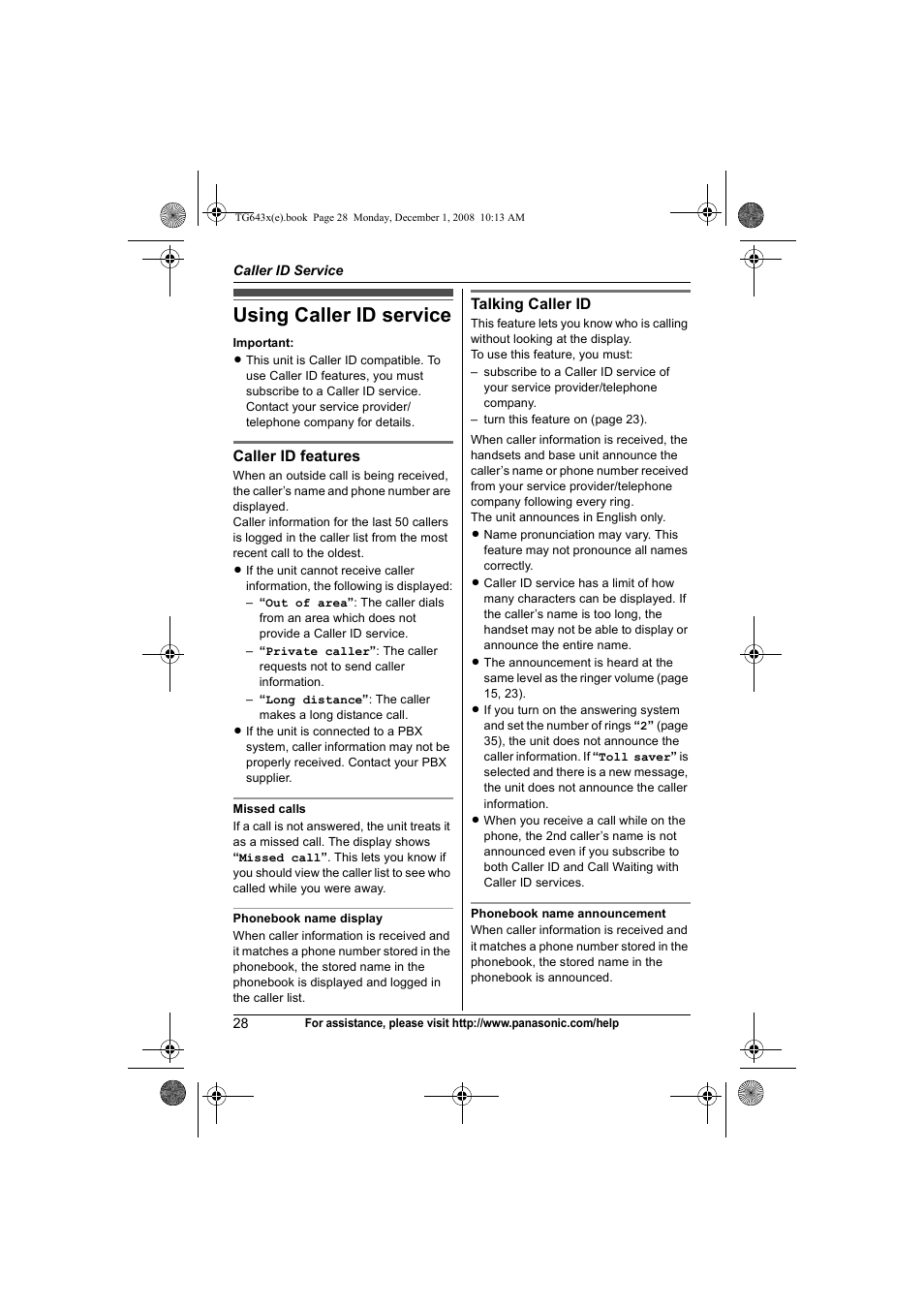 Caller id service, Using caller id service | Panasonic KXTG6431 User Manual | Page 28 / 64