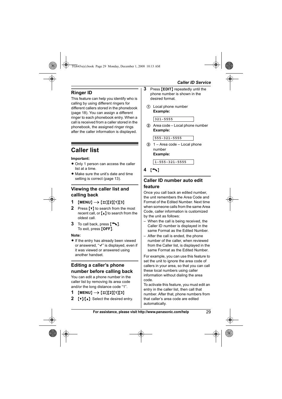 Caller list | Panasonic KXTG6431 User Manual | Page 29 / 64