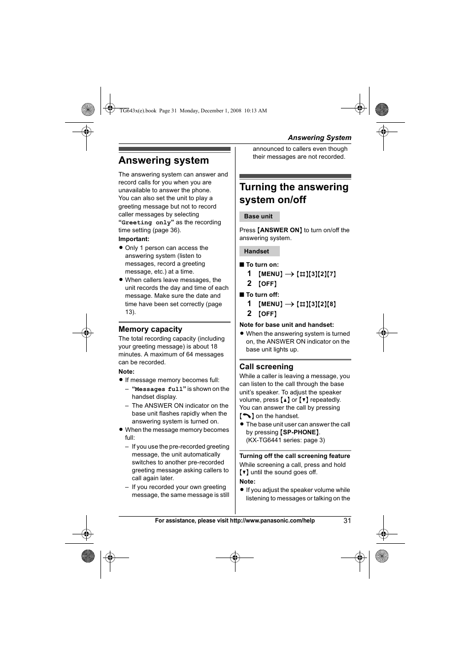 Answering system, Turning the answering system on/off | Panasonic KXTG6431 User Manual | Page 31 / 64