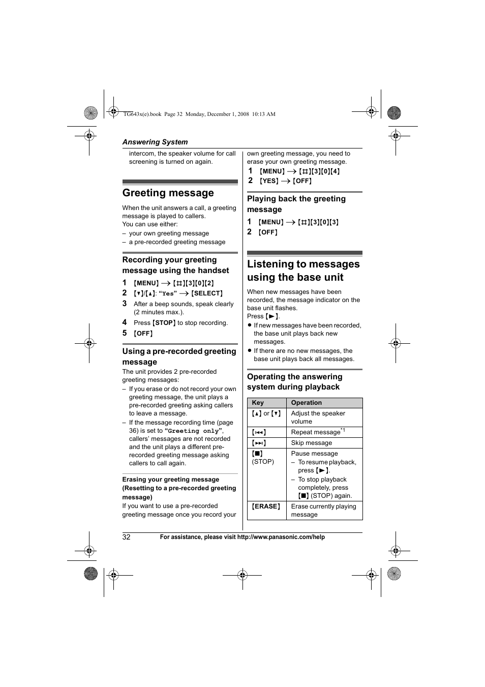 Greeting message, Listening to messages using the base unit | Panasonic KXTG6431 User Manual | Page 32 / 64