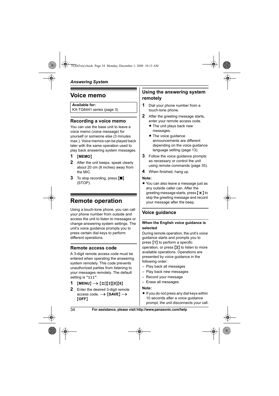 Voice memo, Remote operation, Voice memo remote operation | Panasonic KXTG6431 User Manual | Page 34 / 64