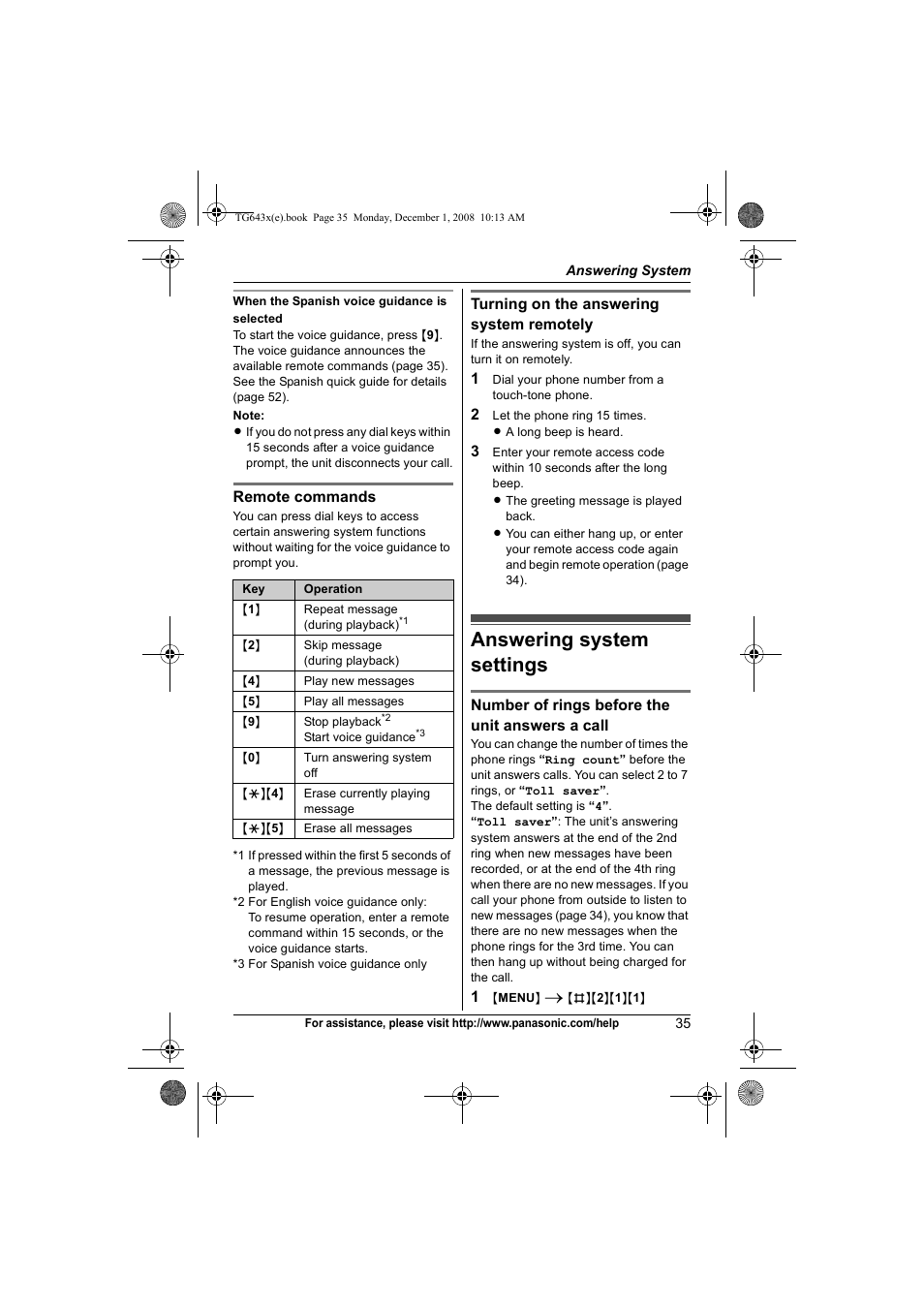 Answering system settings | Panasonic KXTG6431 User Manual | Page 35 / 64