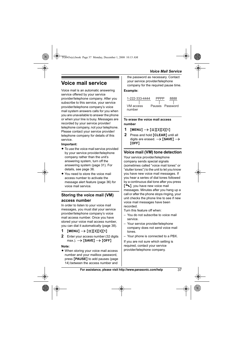 Voice mail service | Panasonic KXTG6431 User Manual | Page 37 / 64