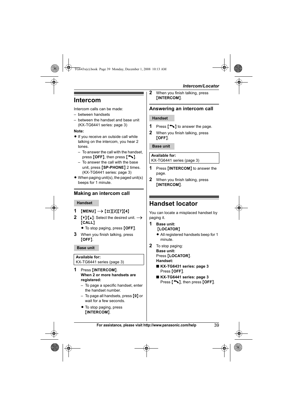 Intercom/locator, Intercom, Handset locator | Intercom handset locator | Panasonic KXTG6431 User Manual | Page 39 / 64