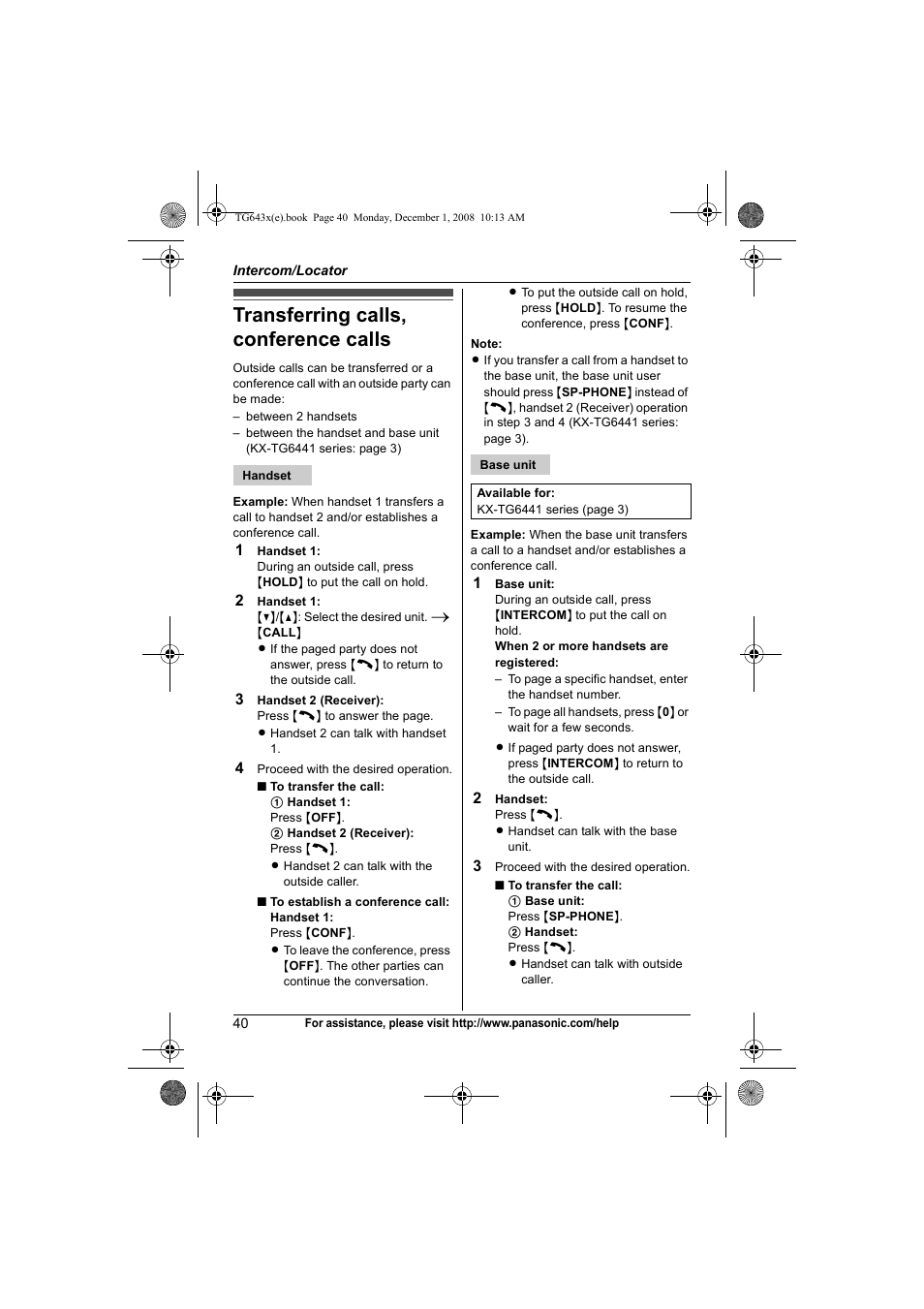 Transferring calls, conference calls, Transferring calls, conference calls . 40 | Panasonic KXTG6431 User Manual | Page 40 / 64