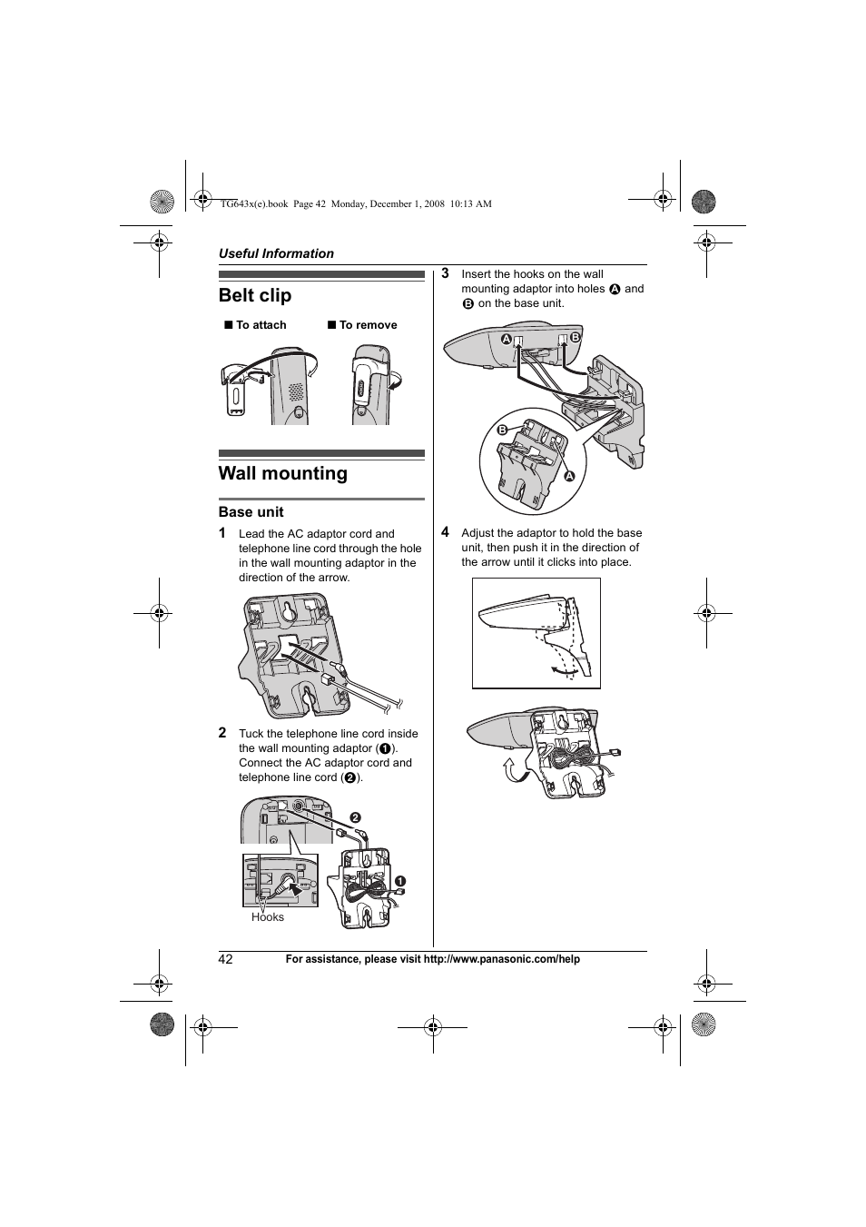 Useful information, Belt clip, Wall mounting | Belt clip wall mounting | Panasonic KXTG6431 User Manual | Page 42 / 64