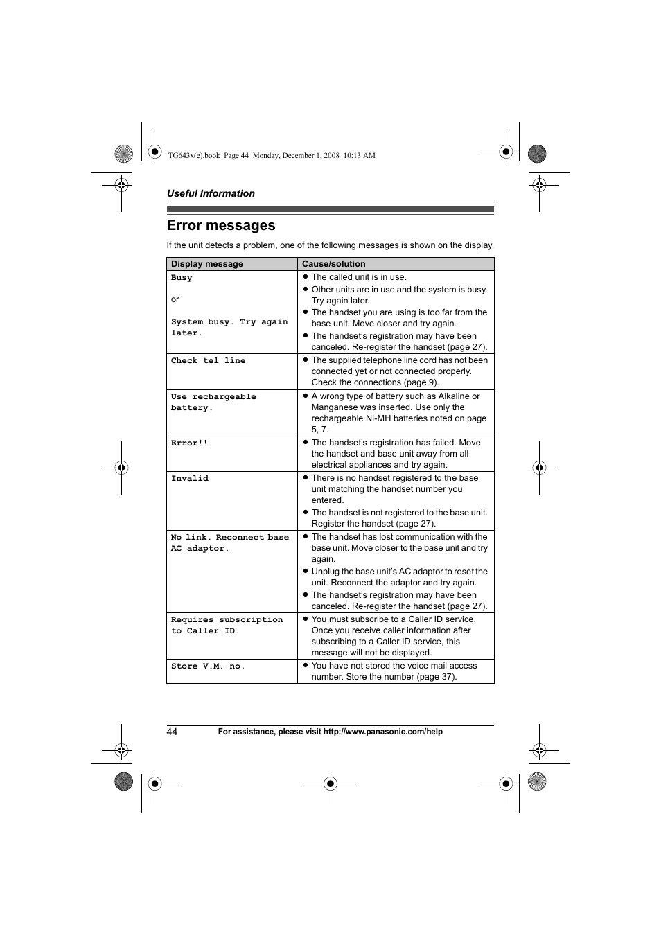 Error messages | Panasonic KXTG6431 User Manual | Page 44 / 64