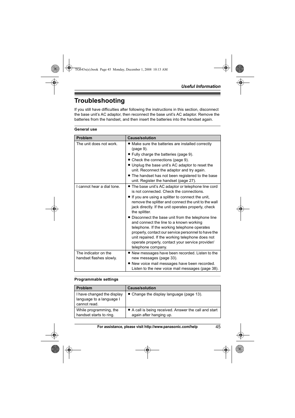 Troubleshooting | Panasonic KXTG6431 User Manual | Page 45 / 64