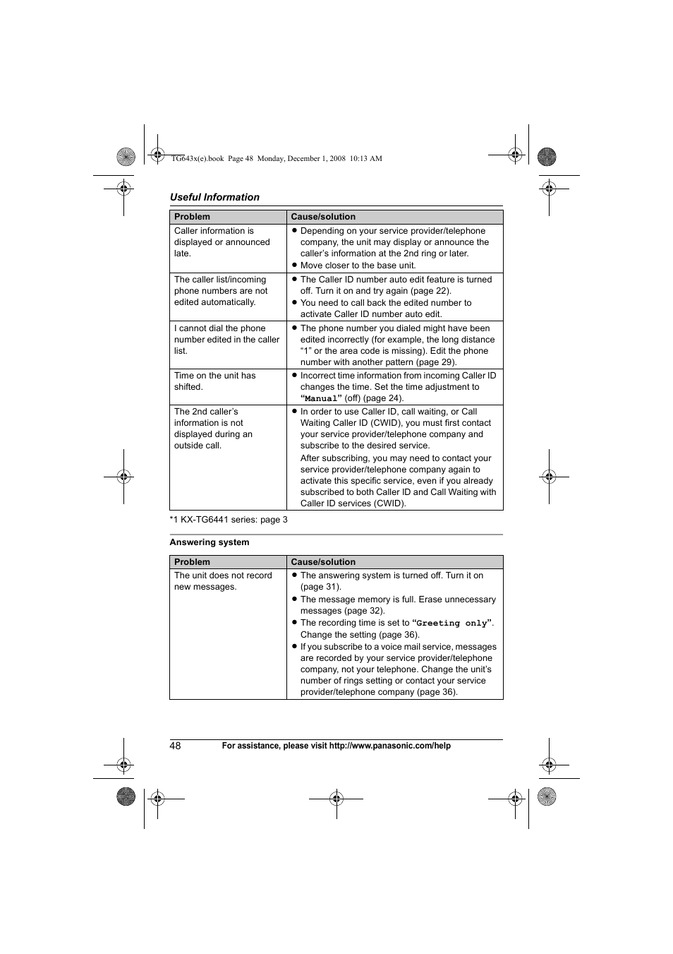 Panasonic KXTG6431 User Manual | Page 48 / 64