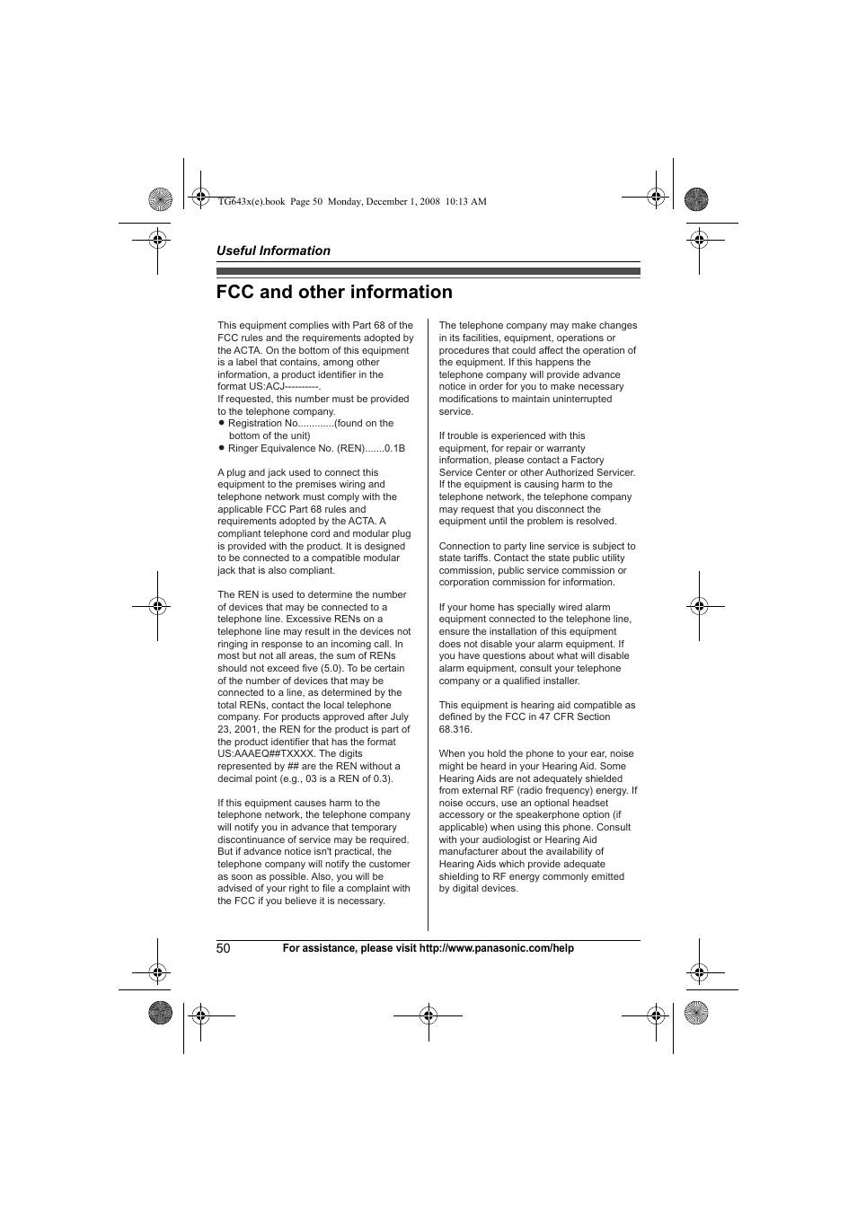 Fcc and other information | Panasonic KXTG6431 User Manual | Page 50 / 64