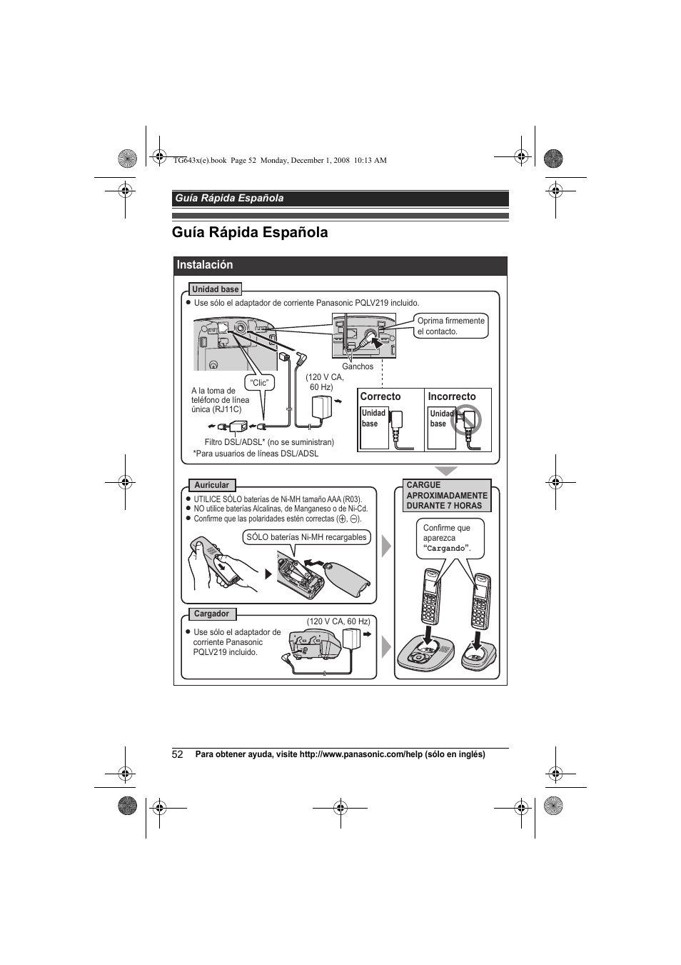 Guía rápida española, Instalación | Panasonic KXTG6431 User Manual | Page 52 / 64