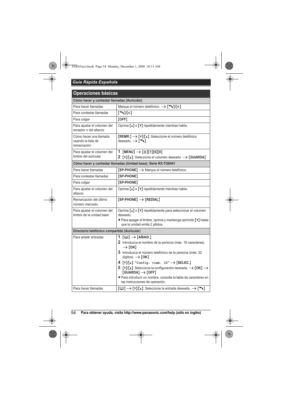 Operaciones básicas | Panasonic KXTG6431 User Manual | Page 54 / 64