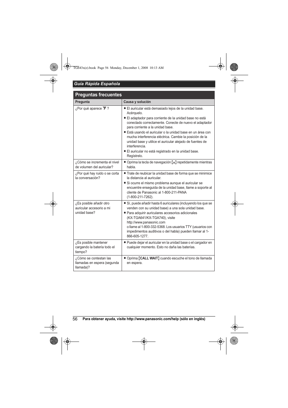 Preguntas frecuentes | Panasonic KXTG6431 User Manual | Page 56 / 64