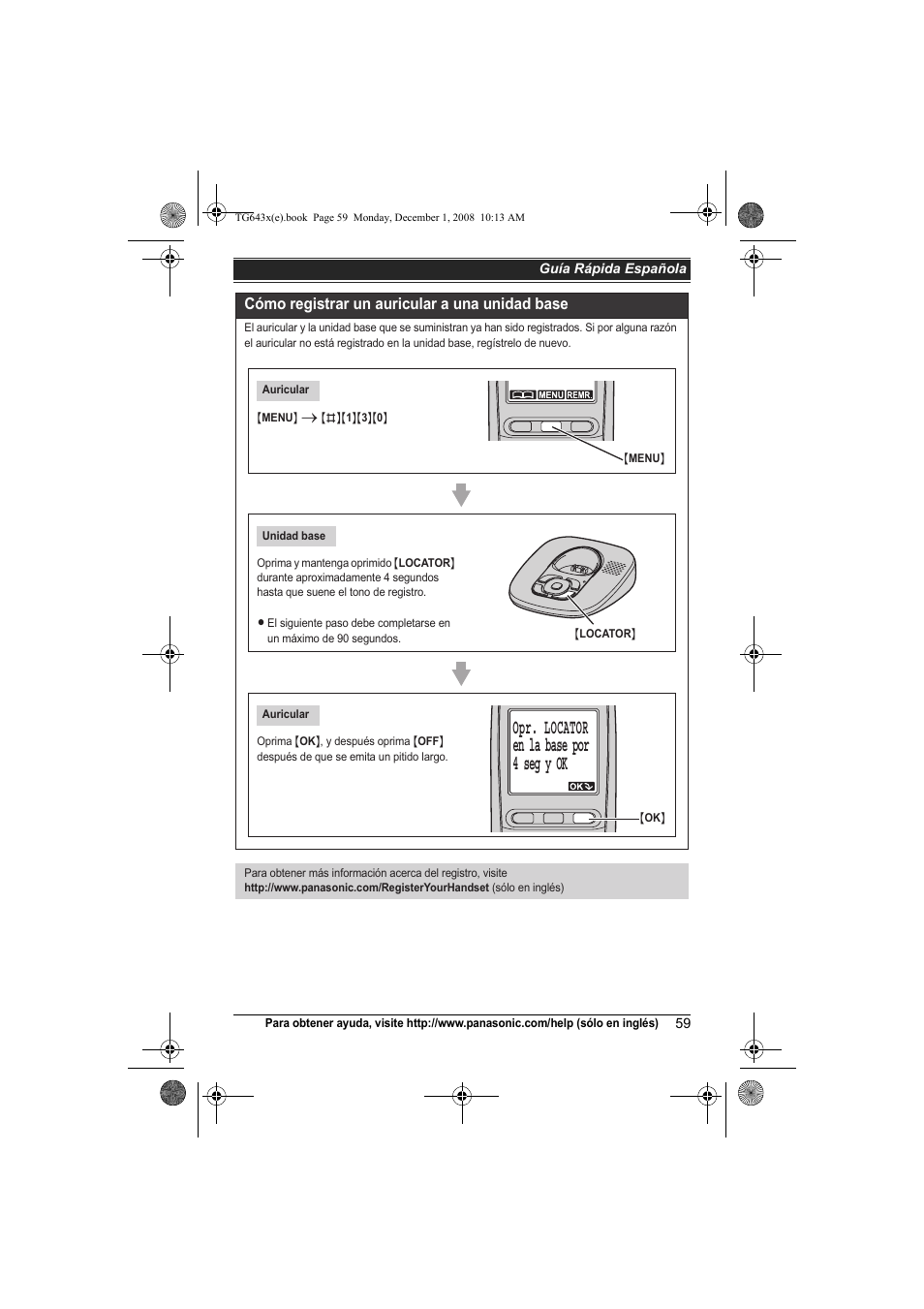 Opr. locator en la base por 4 seg y ok | Panasonic KXTG6431 User Manual | Page 59 / 64