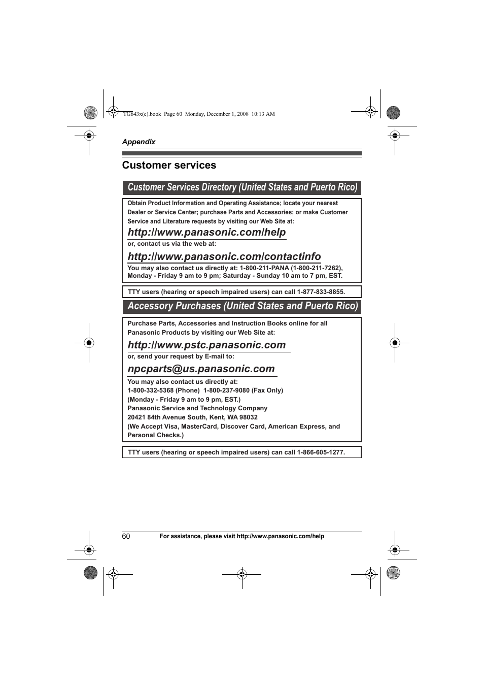 Appendix, Customer services | Panasonic KXTG6431 User Manual | Page 60 / 64