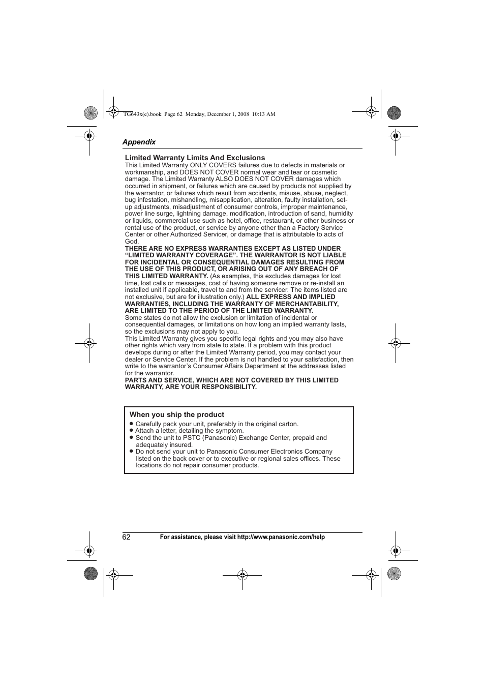 Panasonic KXTG6431 User Manual | Page 62 / 64