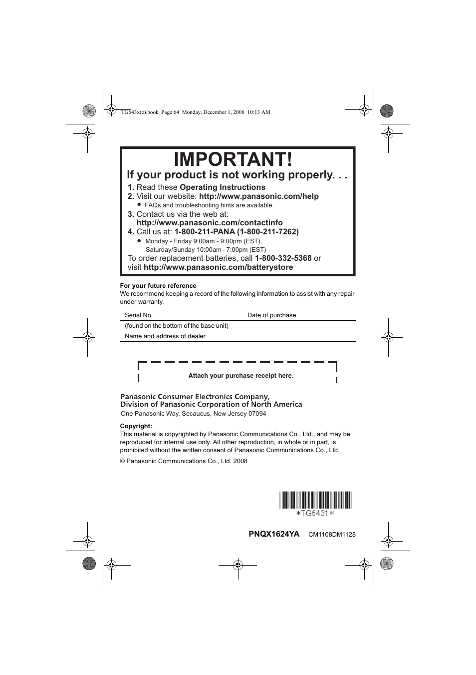 Important, If your product is not working properly | Panasonic KXTG6431 User Manual | Page 64 / 64