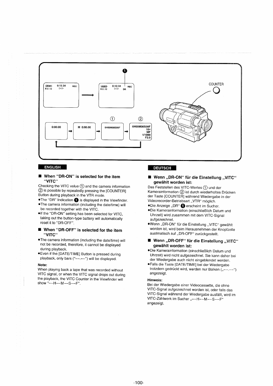 When “dr-on” is selected for the item “vitc, When “dr-off” is selected for the item “vitc, Deutsch | Panasonic NVS90E User Manual | Page 100 / 132