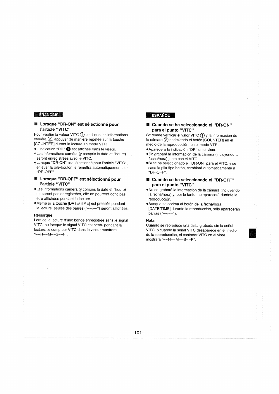 Lorsque “dr-on” est sélectionné pour, Nota | Panasonic NVS90E User Manual | Page 101 / 132