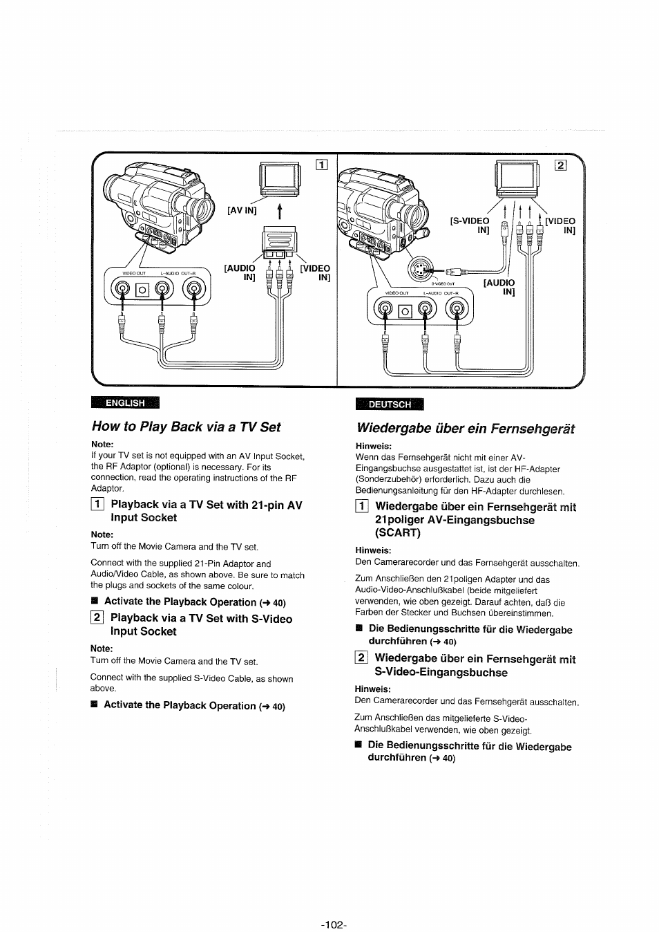 Deutsch, How to play back via a tv set, B activate the playback operation (-> 40) | Note, B activate the playback operation (-» 40), Wiedergabe über ein fernsehgerät | Panasonic NVS90E User Manual | Page 102 / 132