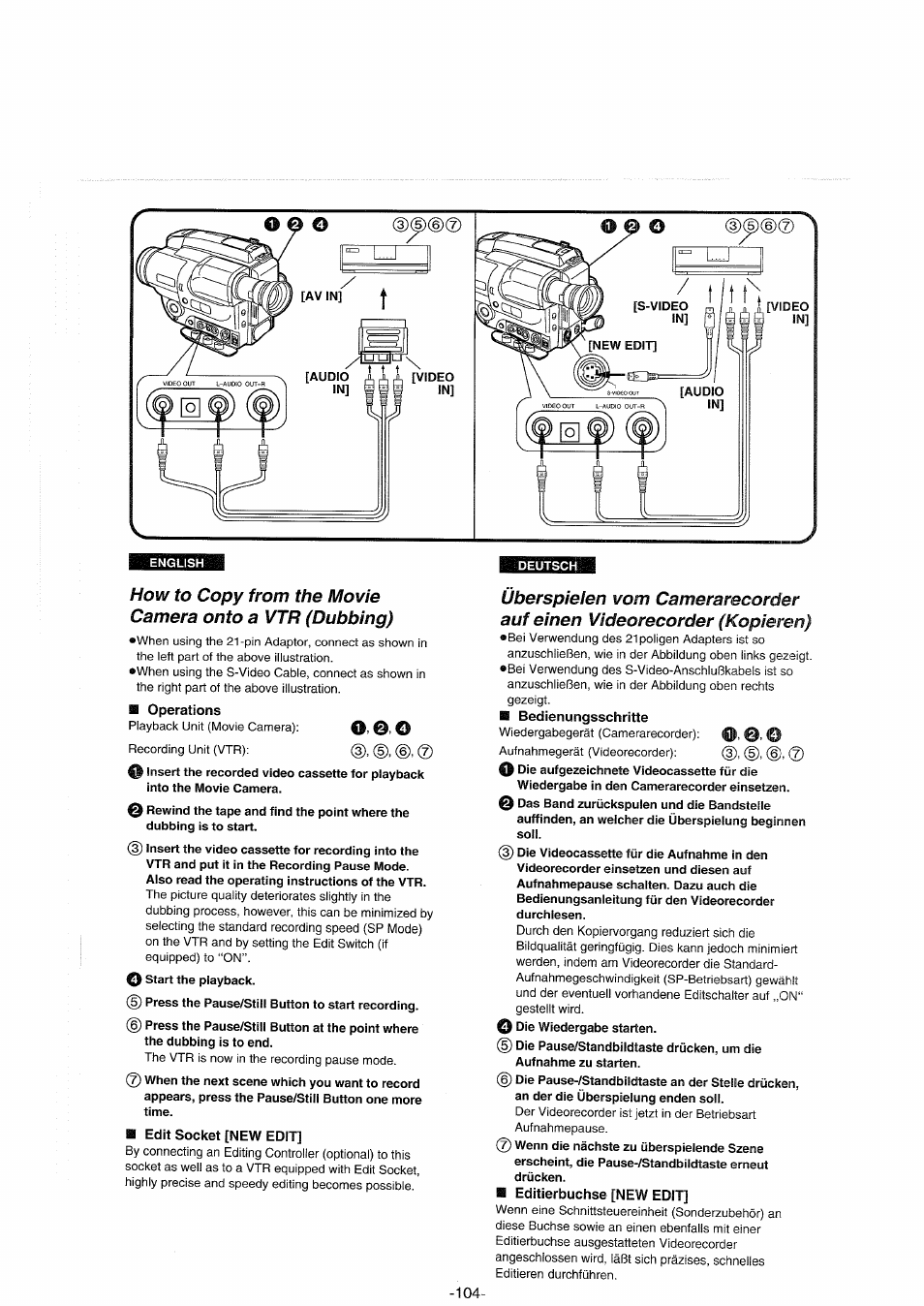 Operations, Edit socket [new edit, Deutsch | Bedienungsschritte, 0 die wiedergabe starten, Editierbuchse [new edit, How to copy from the movie camera onto a vtr, Dubbing), Überspielen vom camerarecorder auf einen, Videorecorder (kopieren) | Panasonic NVS90E User Manual | Page 104 / 132