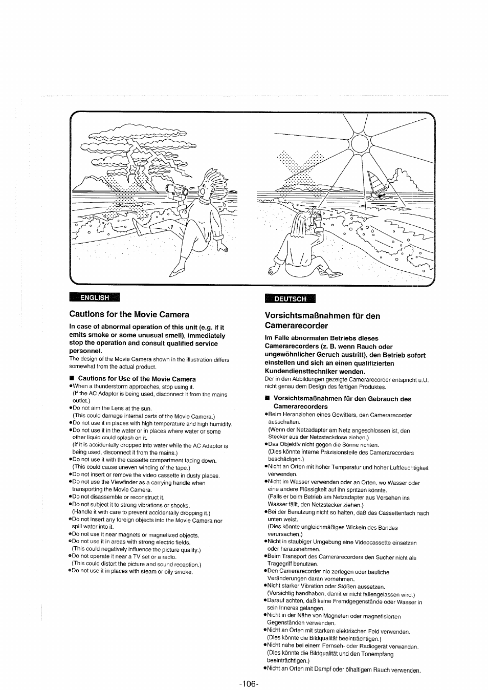 Cautions for the movie camera, Cautions for use of the movie camera, Vorsichtsmaßnahmen für den camerarecorder | Panasonic NVS90E User Manual | Page 106 / 132