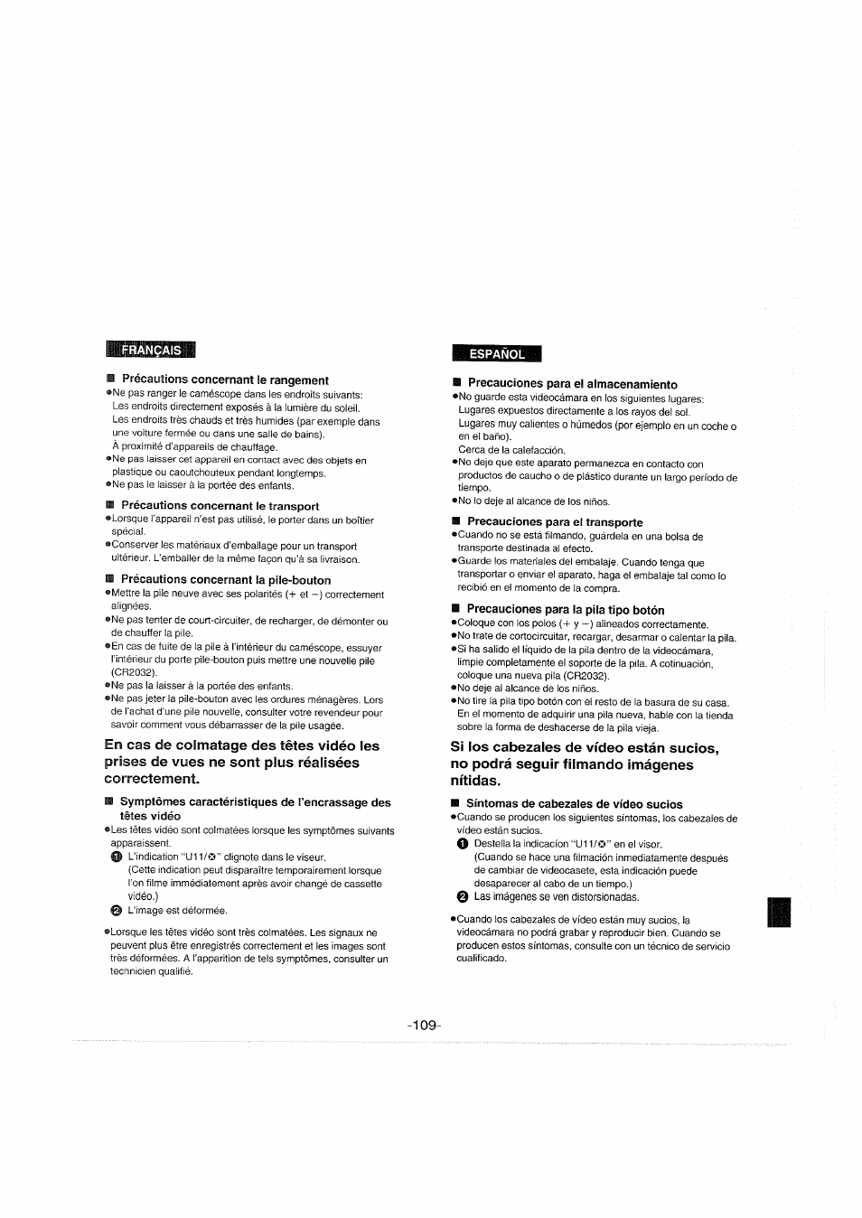 Précautions concernant le rangement, Precauciones para el almacenamiento, Síntomas de cabezales de vídeo sucios | Panasonic NVS90E User Manual | Page 109 / 132