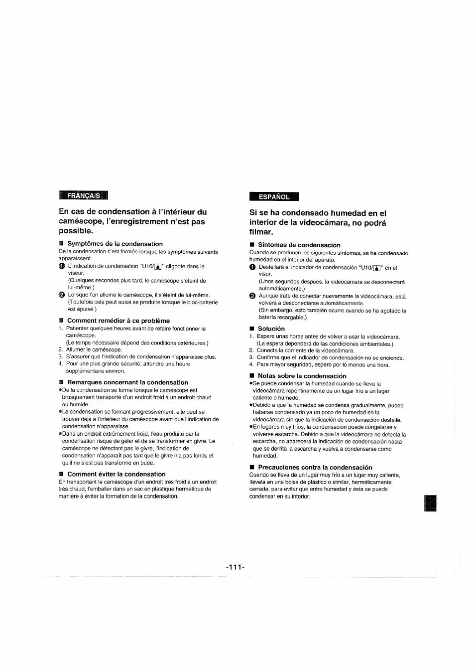 Remarques concernant la condensation, Comment éviter la condensation, Síntomas de condensación | Solución, Notas sobre la condensación, Precauciones contra la condensación | Panasonic NVS90E User Manual | Page 111 / 132