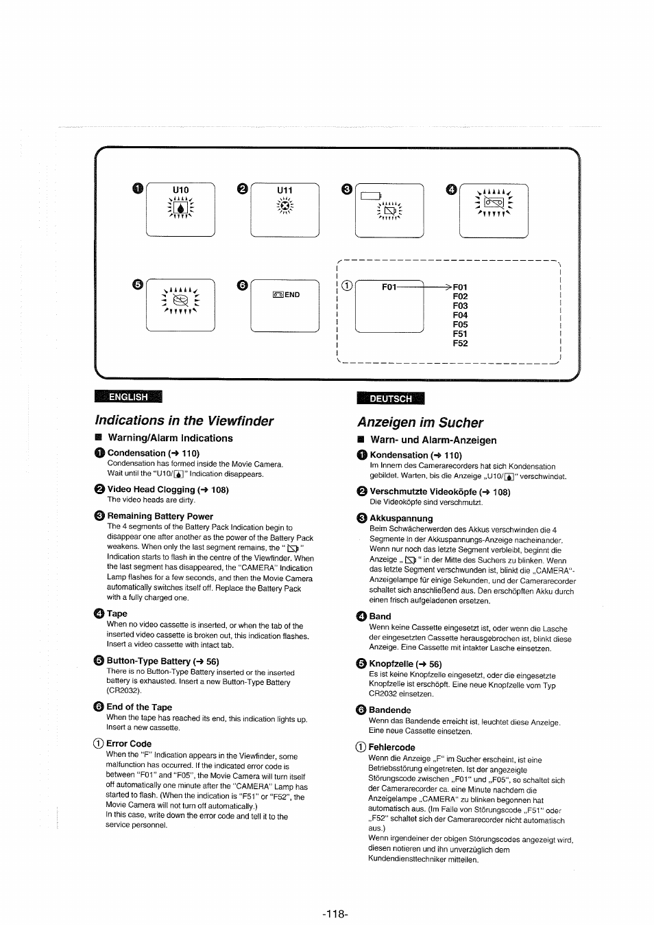 Indications in the viewfinder, Warning/alarm indications, 0 error code | Anzeigen im sucher, Warn- und alarm-anzeigen, 0 fehlercode | Panasonic NVS90E User Manual | Page 118 / 132