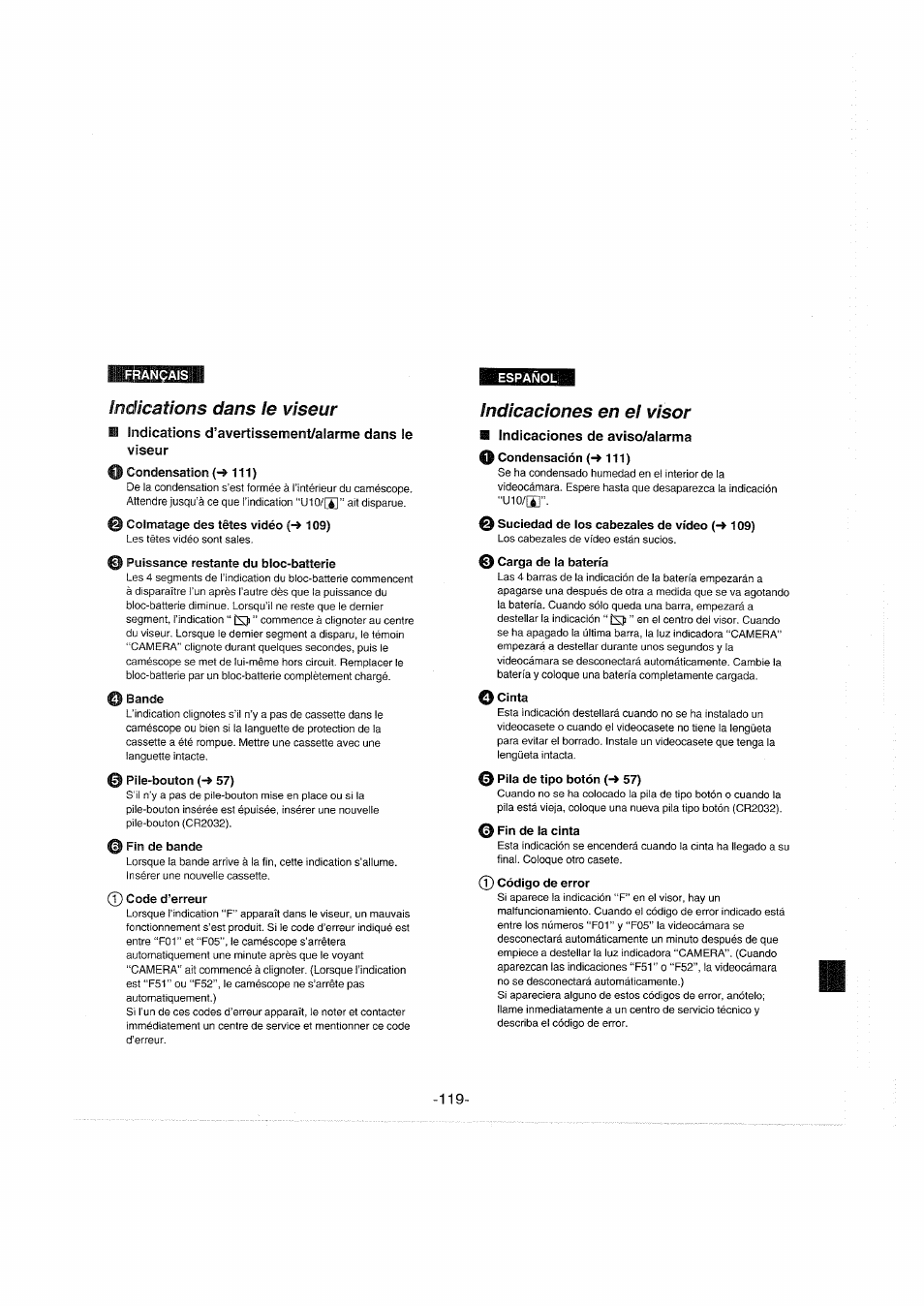 Indications dans le viseur, Indications d’avertissement/alarme dans le viseur, 0 code d’erreur | Indicaciones en el visor, Ss indicaciones de aviso/alarma, 0 código de error | Panasonic NVS90E User Manual | Page 119 / 132