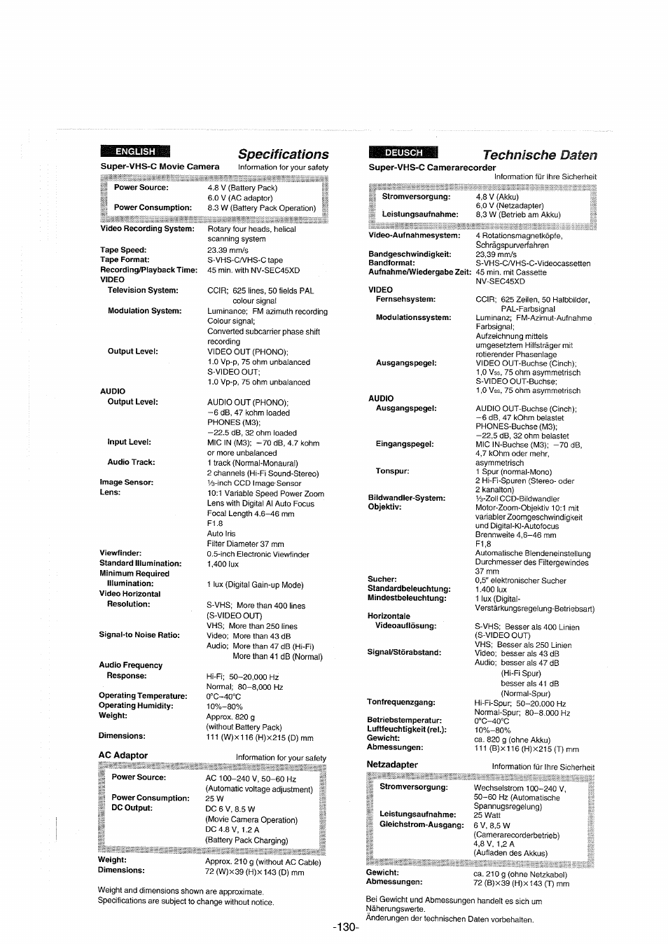 Specifications, Technische daten | Panasonic NVS90E User Manual | Page 130 / 132