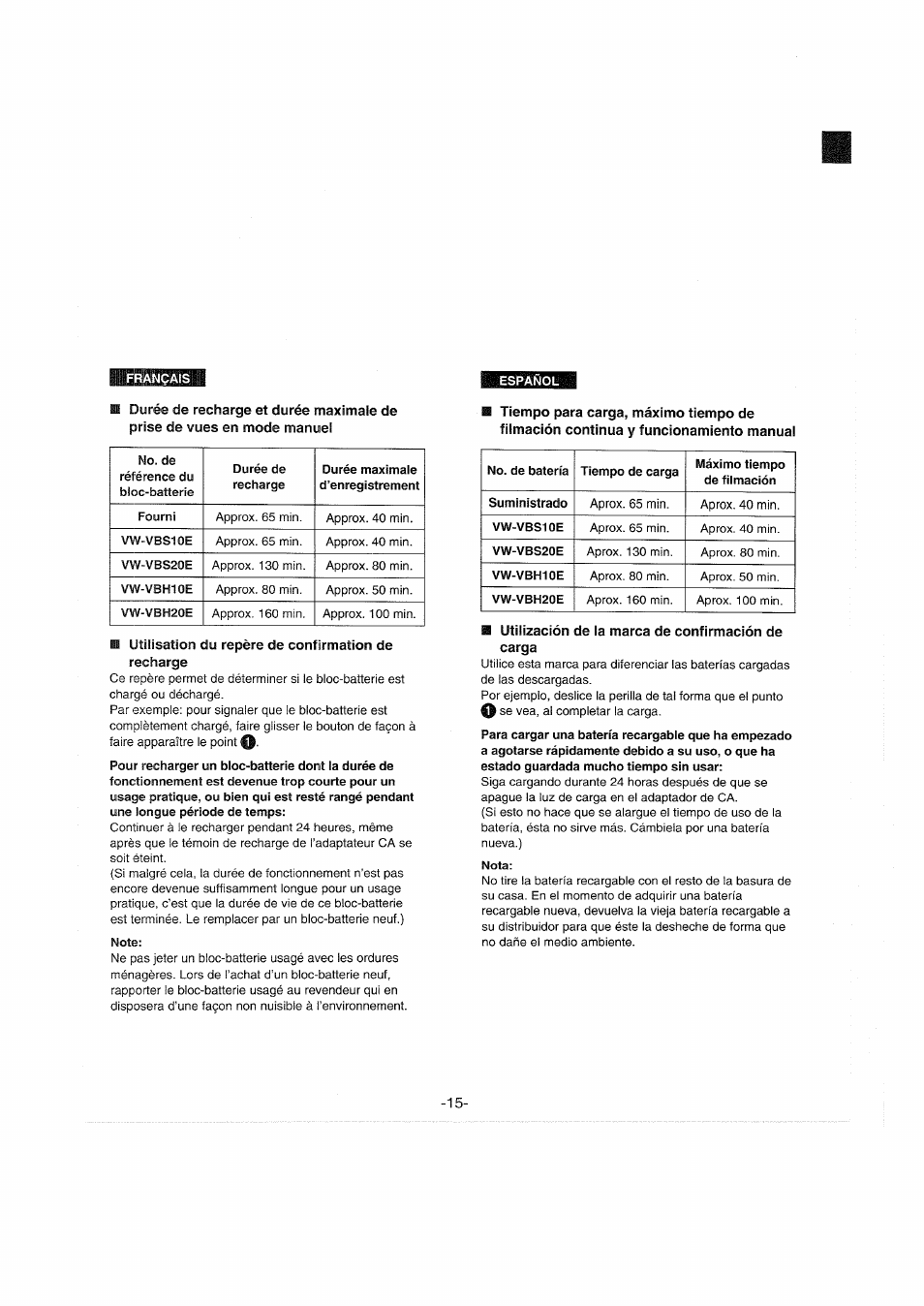 Utilisation du repère de confirmation de recharge, Note, Utilización de ia marca de confirmación de carga | Nota | Panasonic NVS90E User Manual | Page 15 / 132