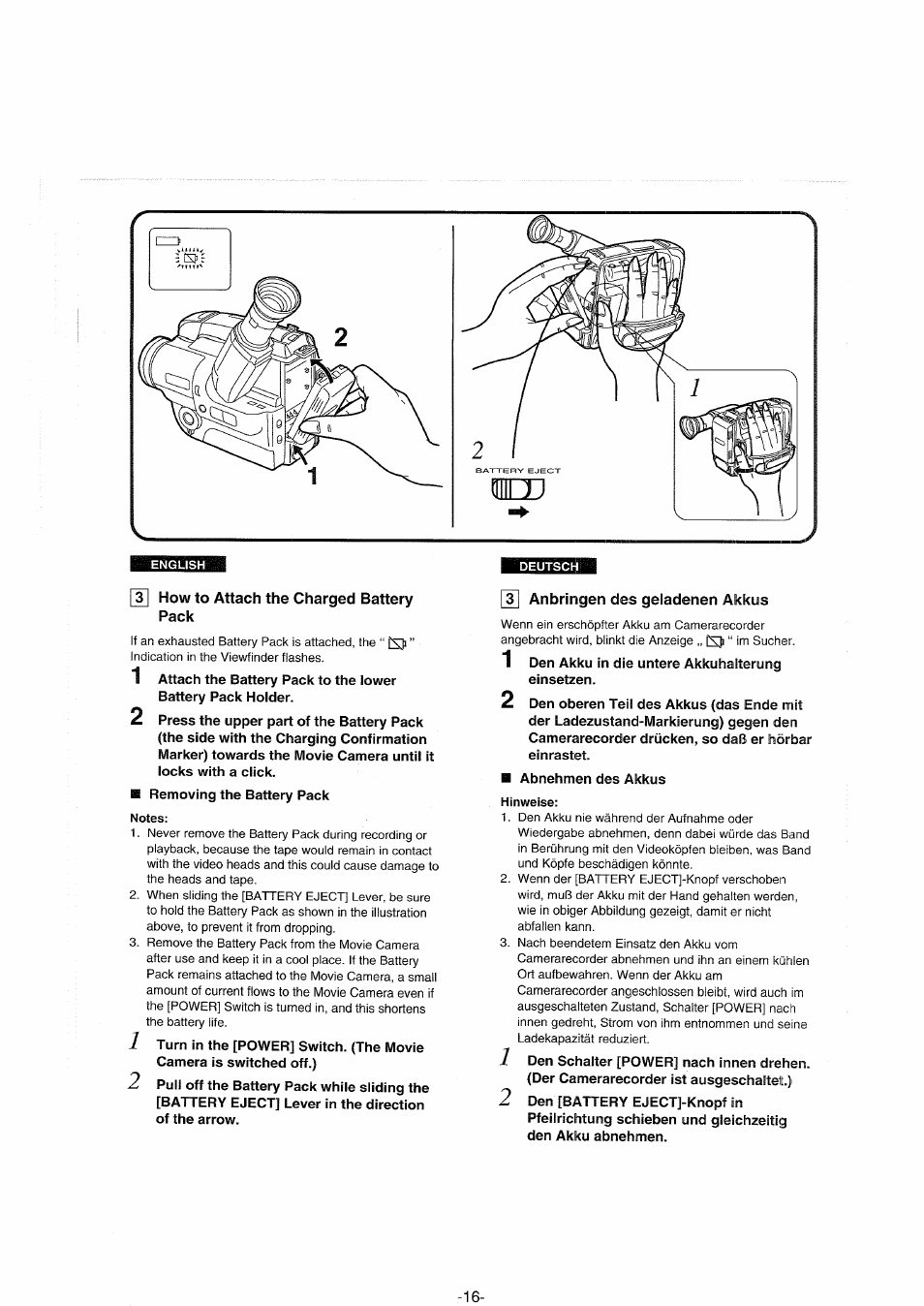 1^ how to attach the charged battery pack, T| anbringen des geladenen akkus, How to attach the charged battery pack | Anbringen des geladenen akkus | Panasonic NVS90E User Manual | Page 16 / 132