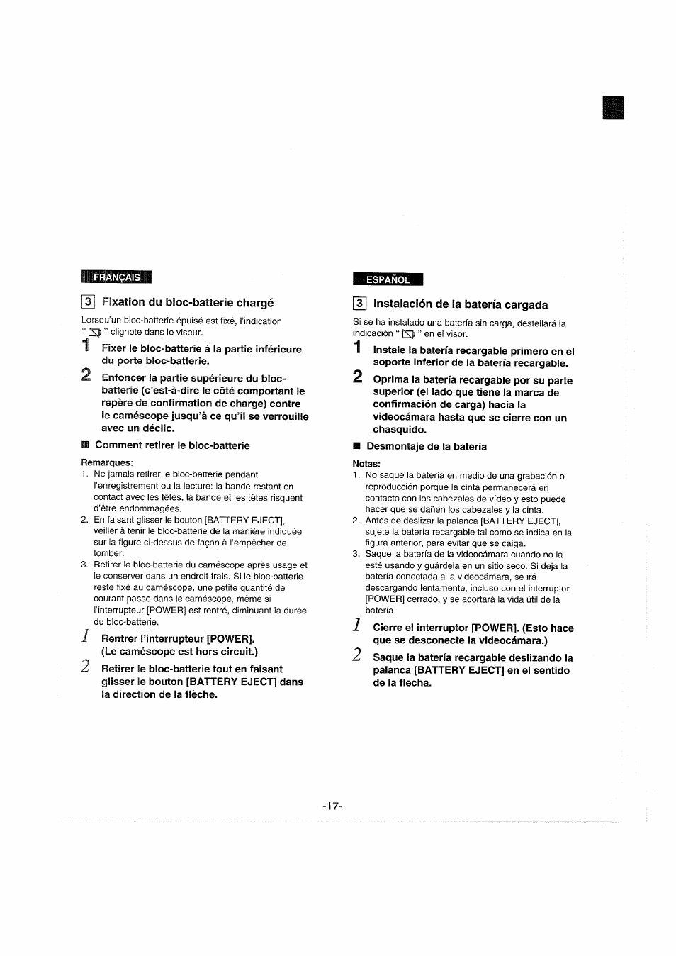 T| fixation du bloc-batterie chargé, T| instalación de la batería cargada, Notas | Fixation du bloc-batterie chargé, 3 instalación de la batería cargada | Panasonic NVS90E User Manual | Page 17 / 132