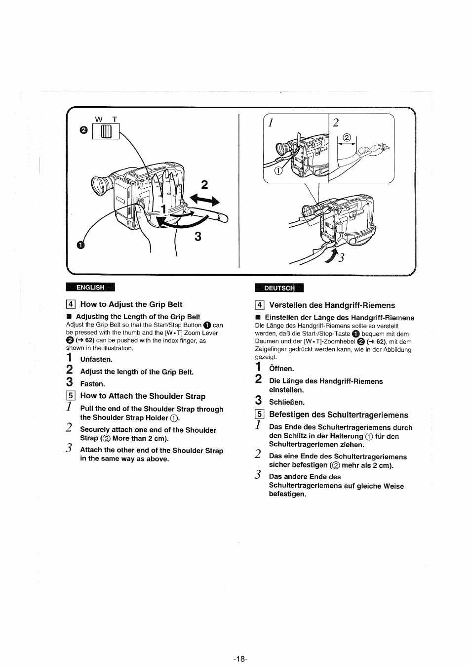 41 how to adjust the grip belt, Y| how to attach the shoulder strap, Befestigen des schultertrageriemens | Panasonic NVS90E User Manual | Page 18 / 132