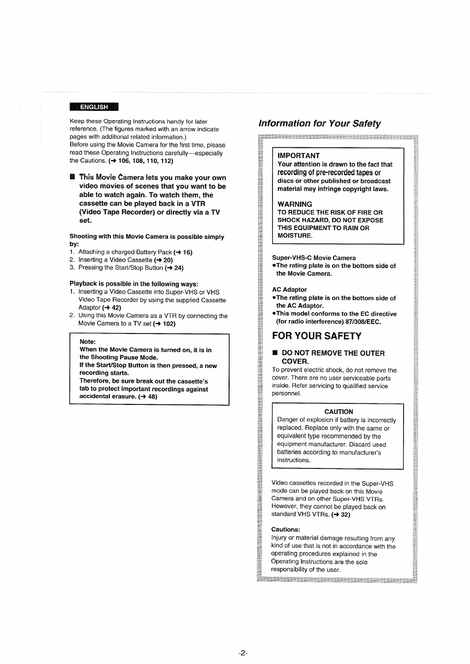 Information for your safety, For your safety | Panasonic NVS90E User Manual | Page 2 / 132