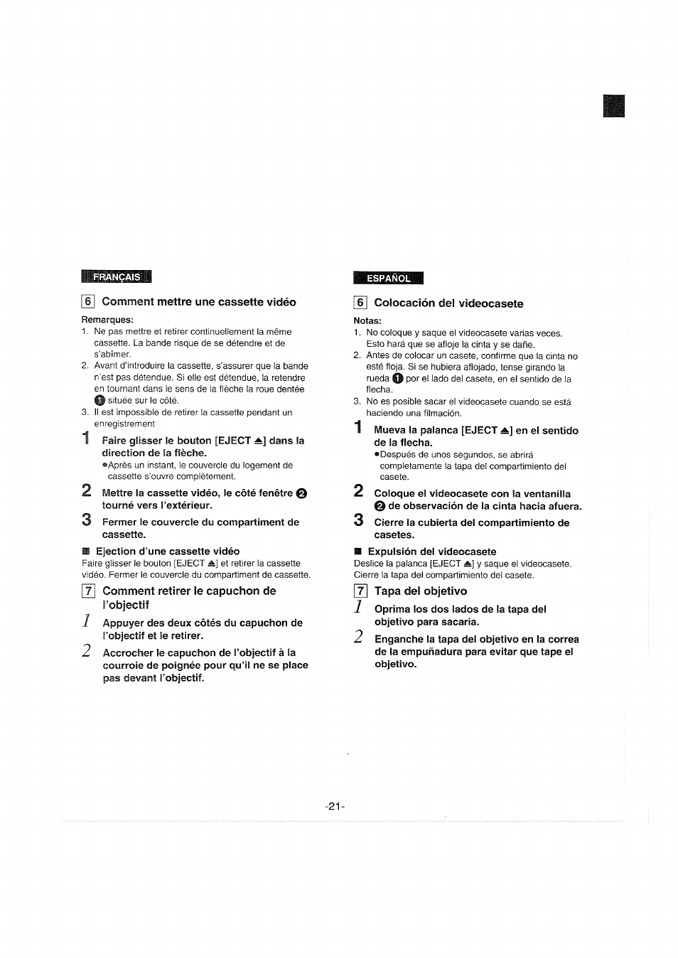 Remarques, Notas | Panasonic NVS90E User Manual | Page 21 / 132