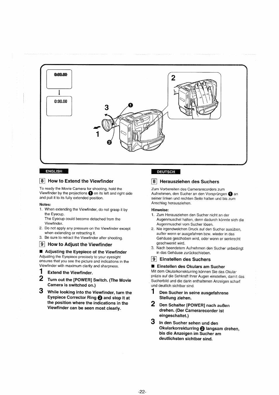 Q how to extend the viewfinder, How to adjust the viewfinder, 8] herausziehen des suchers | 9l einstellen des suchers, Herausziehen des suchers einstellen des suchers | Panasonic NVS90E User Manual | Page 22 / 132