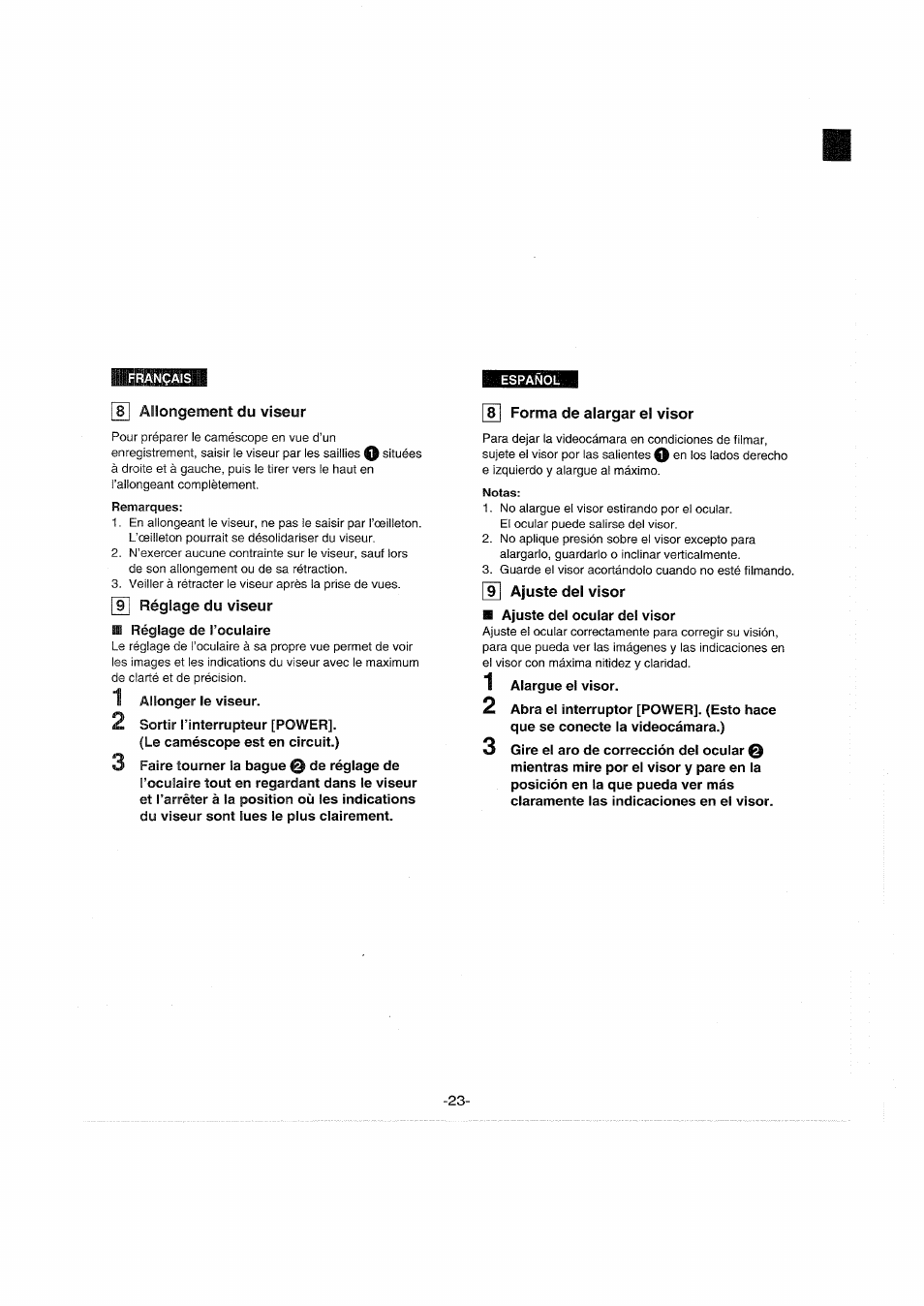 Js] allongement du viseur, Forma de alargar el visor, 9] ajuste del visor | Allongement du viseur, 8 forma de alargar el visor 9 ajuste del visor | Panasonic NVS90E User Manual | Page 23 / 132