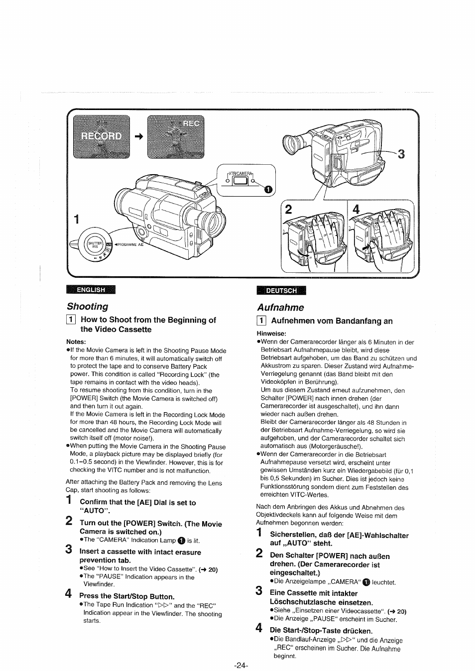 Deutsch, Shooting, Notes | Aufnahme, T| aufnehmen vom bandanfang an, Hinweise, Auf nehmen vom bandanfang an | Panasonic NVS90E User Manual | Page 24 / 132