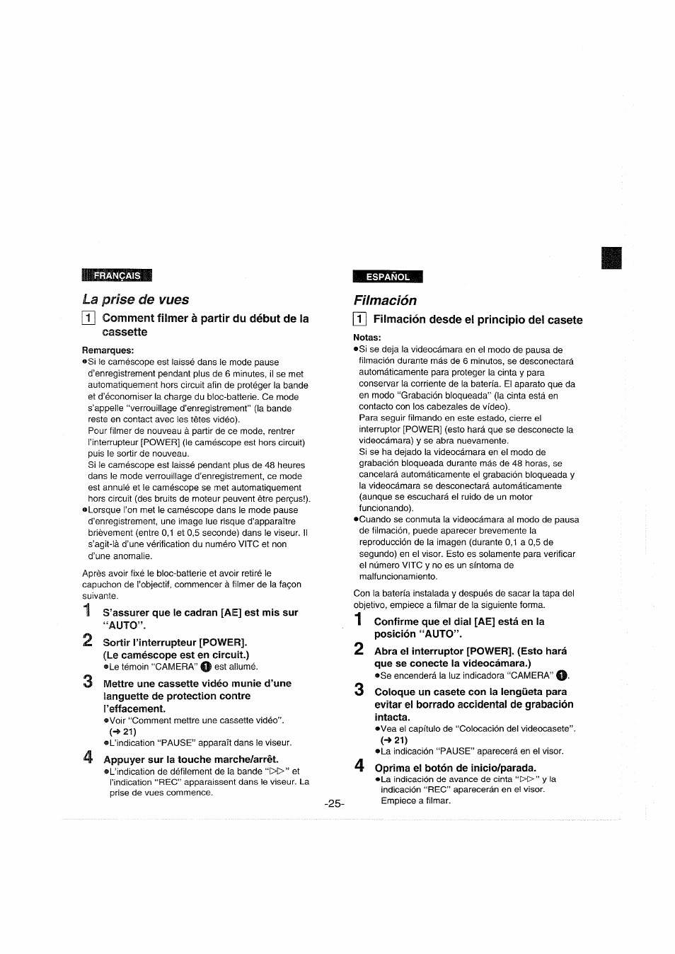 La prise de vues, T| comment filmer à partir du début de la cassette, Remarques | Fiimación, T| filmación desde el principio del casete, Notas, 1 filmación desde el principio del casete, Filmación | Panasonic NVS90E User Manual | Page 25 / 132