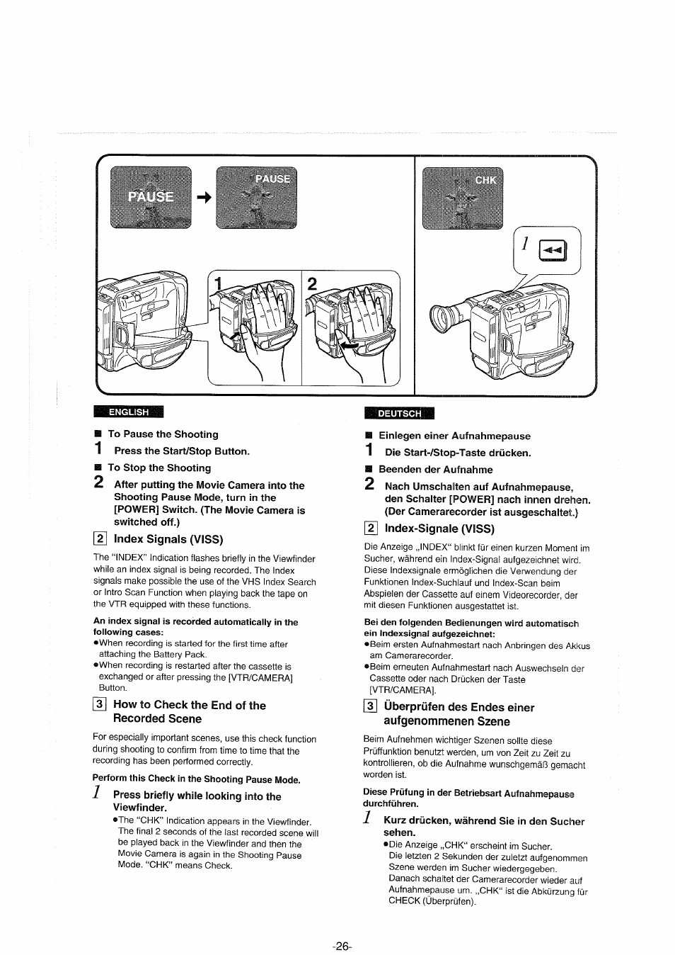 Deutsch, 2] index signals (viss), T| how to check the end of the recorded scene | Perform this check in the shooting pause mode, Jy| index-signale (viss), 3] überprüfen des endes einer aufgenommenen szene, Index-signale (viss) | Panasonic NVS90E User Manual | Page 26 / 132